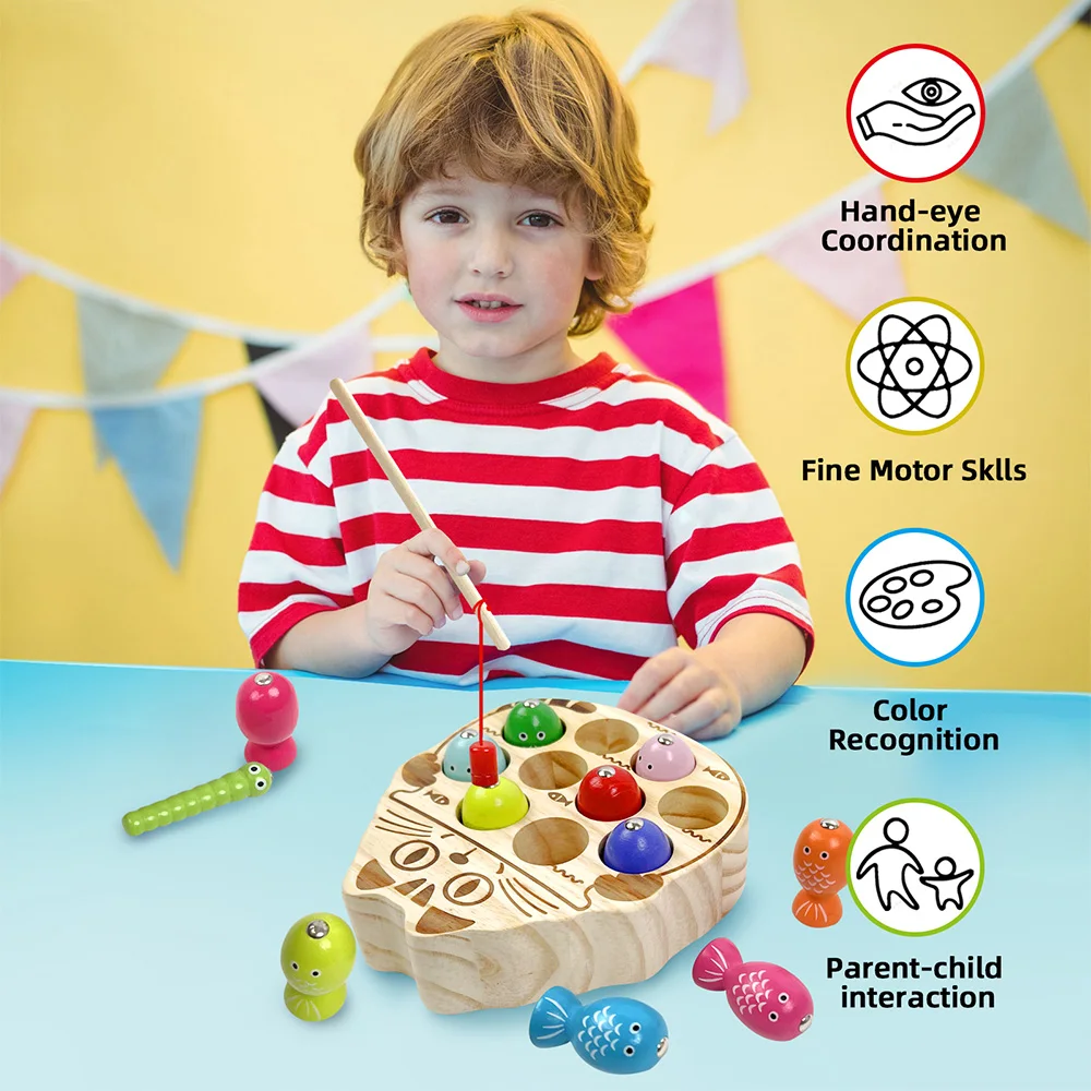 Children\'s Wooden Fishing Toys Magnetic Fishing Game Montessori Intellectual Playsets Fine Motor Skills Training Boys Girls Gift