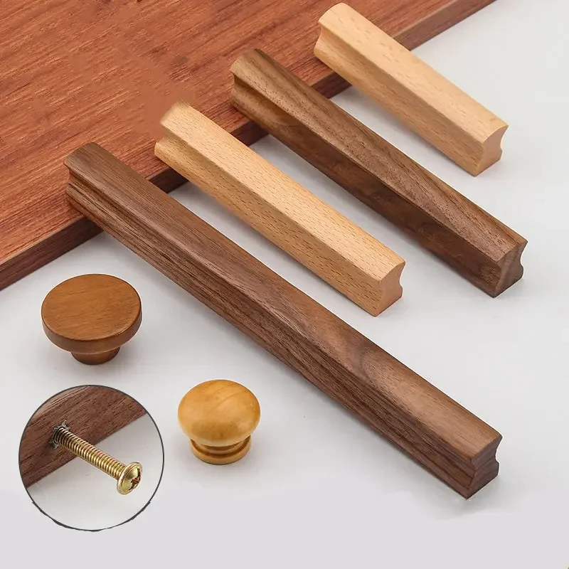 1pc Natural Solid Wood Handle Kitchen Cabinets, Cupboard Door Handles Bedroom Drawer Handle Furniture Hardware Accessories