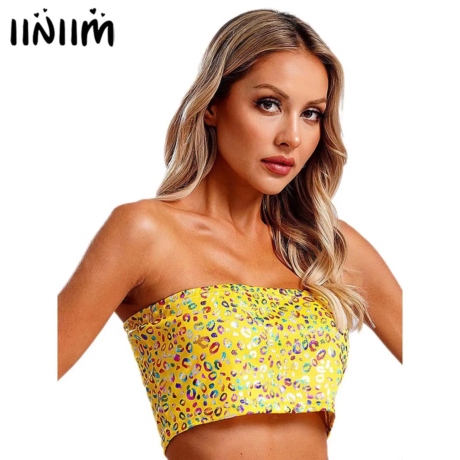 Womens Metallic Leopard Print Tube Top Strapless Cheerleading Dance Crop Top Stage Performance Cheerleading Dance Club Costume