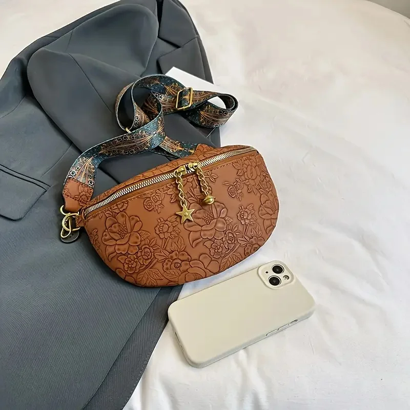 Borsa da petto retrò con motivo floreale in rilievo, borsa a tracolla retrò, borsa a tracolla in stile etnico da donna