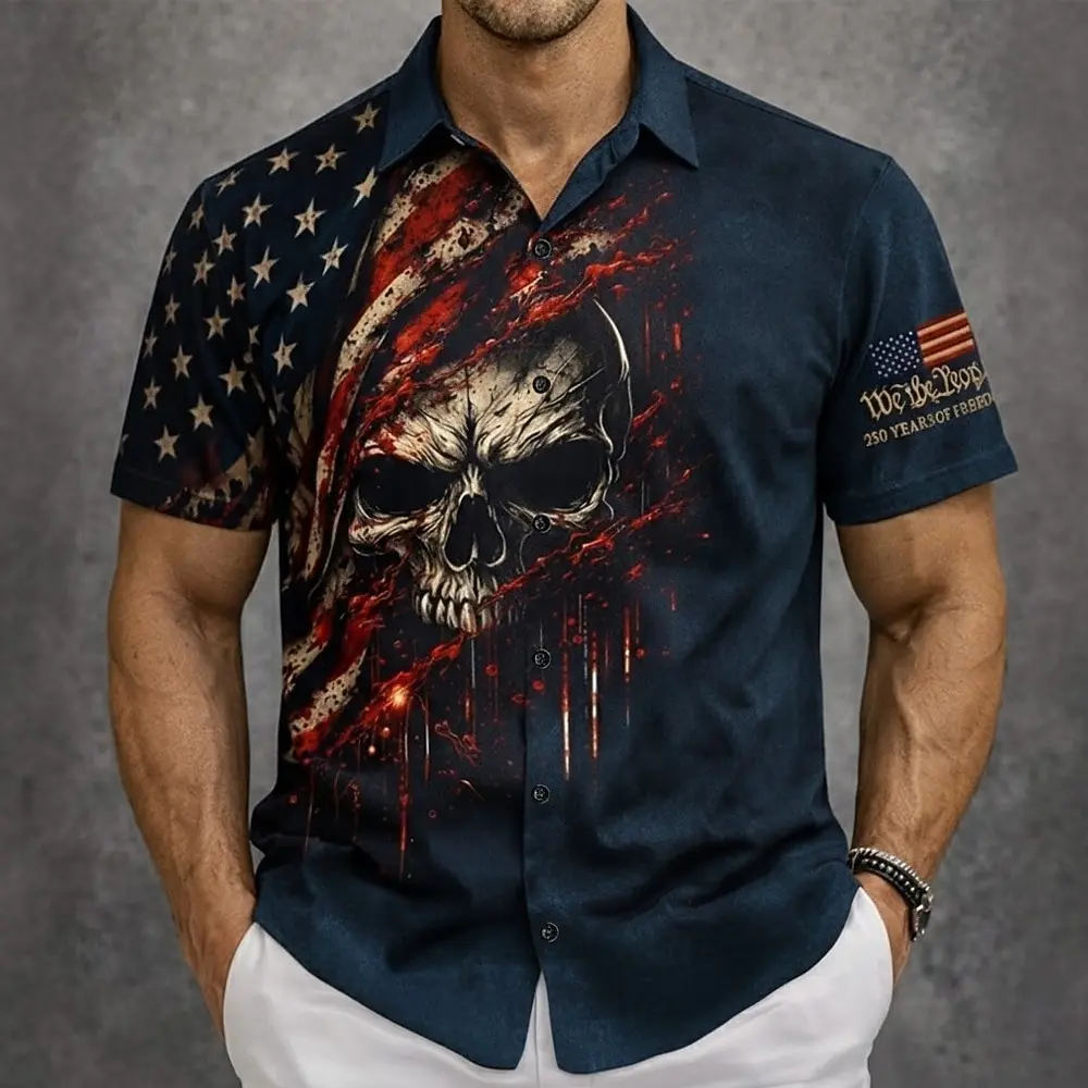 Men's Skull US Flag America's 250th Anniversary Shirt Button Up Shirt Short Sleeve Patriotic Outdoor Holiday Summer shirts