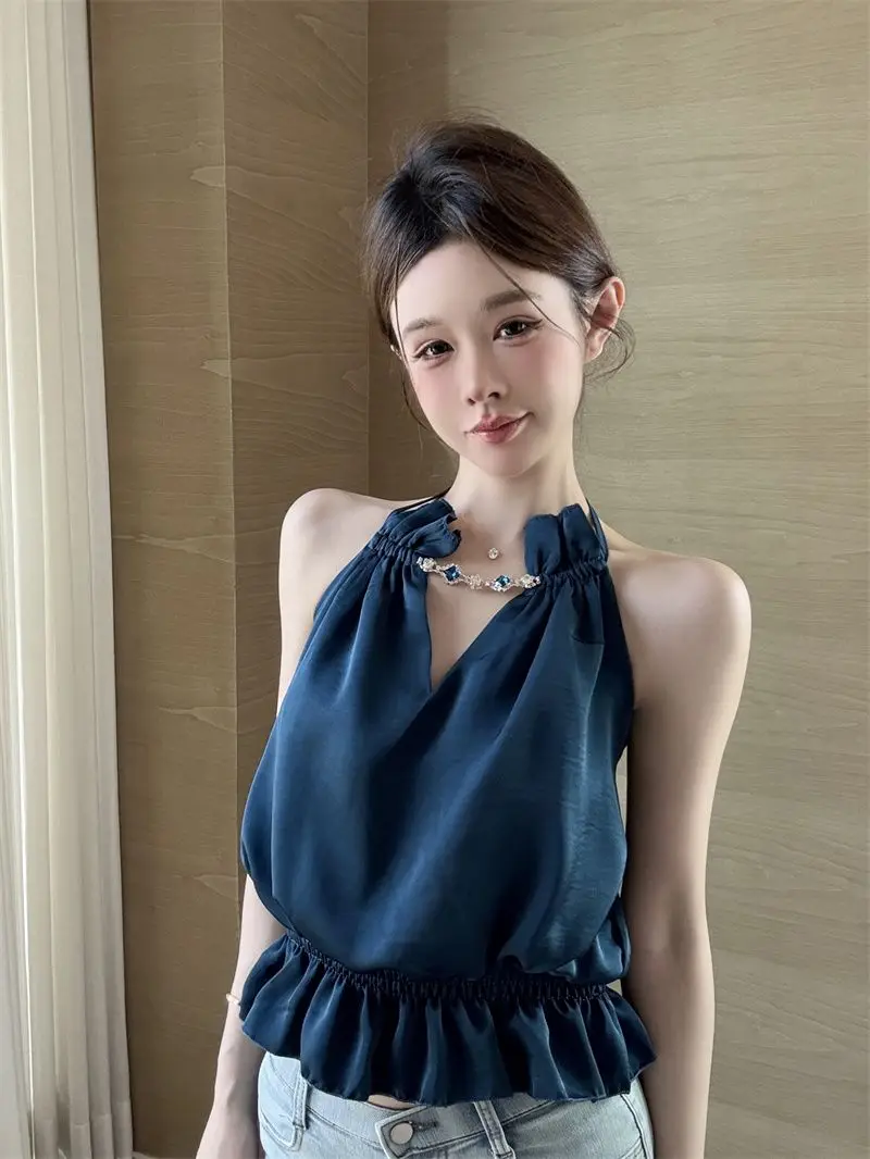 

French Heavy Industry Diamond Neck Pleated Ruffle Edge Sling Vest Women's Sleeveless Top