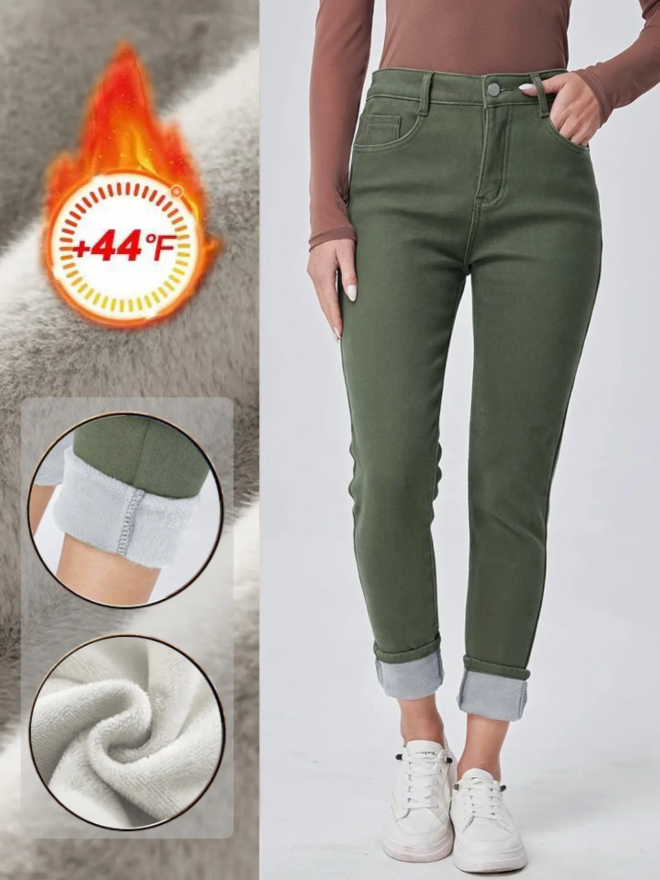 High Waist Stretchy Army Green Slim Fit Thickened Warm Versatile Women's Fleece Lined Jeans