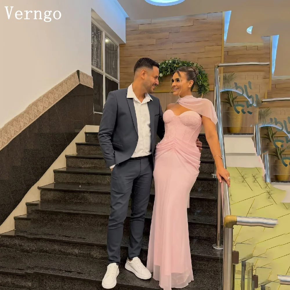 Verngo Pink Crepe 2 Pics Prom Gown Sweetheart Mermaid Pleated Party Dresses Elegant Detachable Shawl Formal Dress Customized