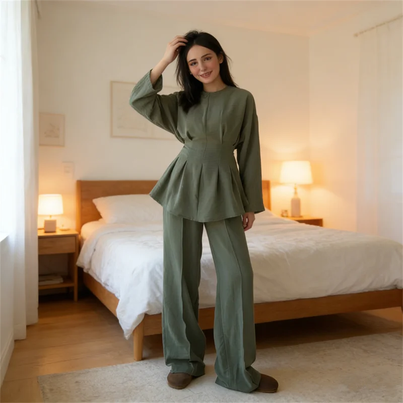 

Fashion Women Tops Trouser Suit Wide Leg Pants Muslim Set 2 Piece Outfits Dubai Abaya Turkey Kaftan Eid Islam Clothing Ensembles