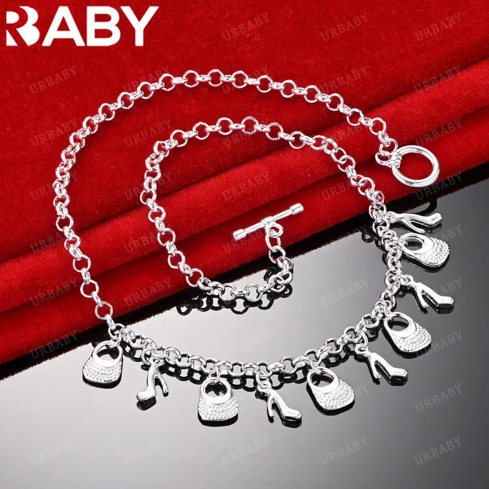 

URBABY 45cm 925 Sterling Silver Handbag High Heel Chain Necklace For Women Fashion Jewelry Noble Grace Unique Part Birthday Gift
