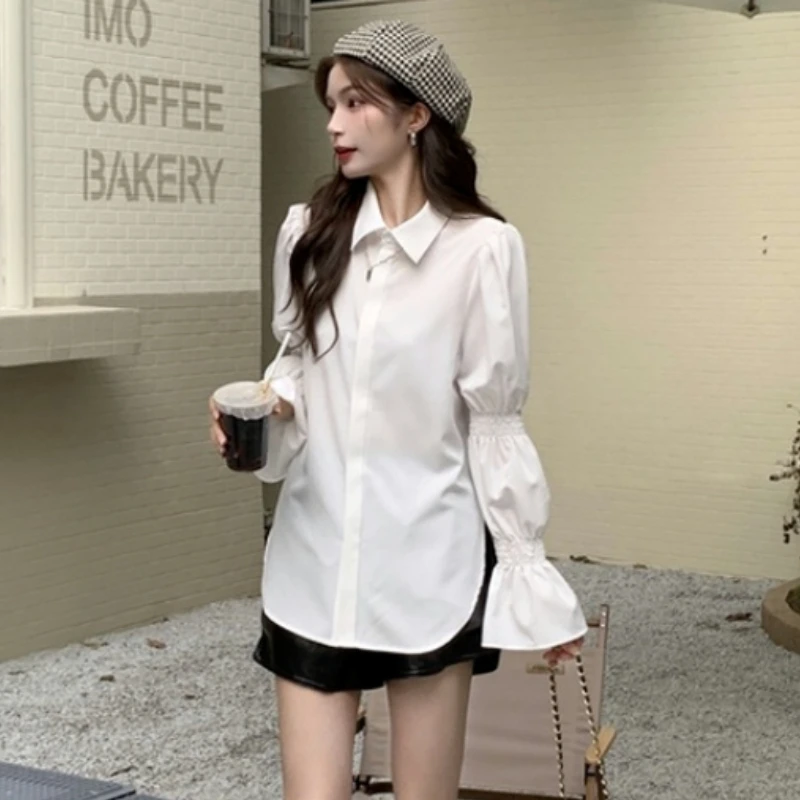 Shirts Women Long Puff Sleeves White Retro Chic Spring Clothing All-match Female Tops Ulzzang Streetwear Blusas Ropa De Mujer