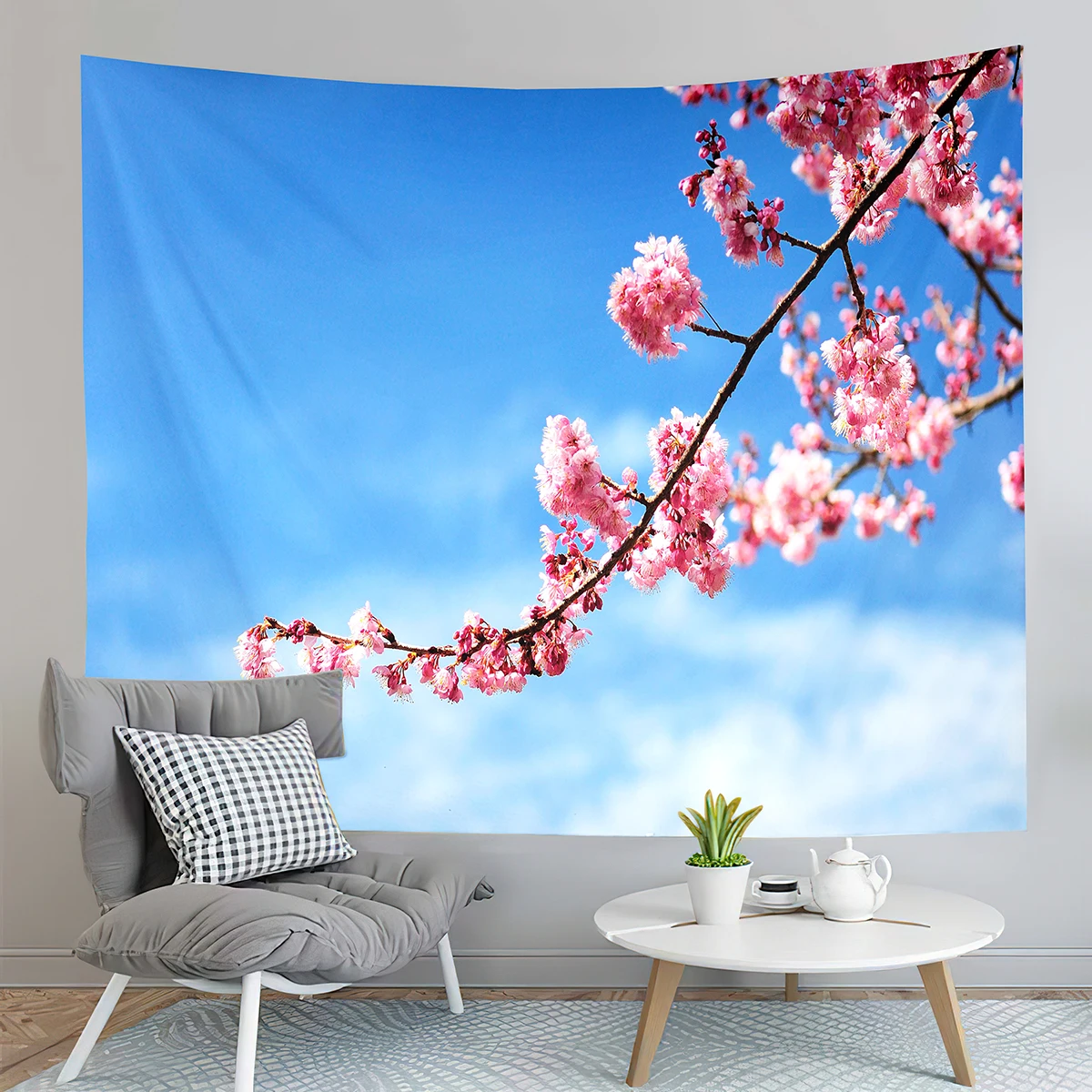 Japan Tokyo Cherry Blossoms Tapestry Blue Sky Pink Flowers Tapestry Art Wall Hanging Home Living Room Bedroom Dorm Tapestries