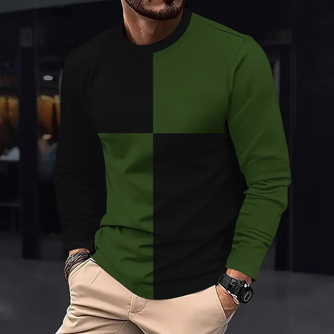Autumn men's long sleeved T-shirt Black and white spliced T-shirt Cotton Comfortable Round Neck T-shirt Versatile men's clothing view 5