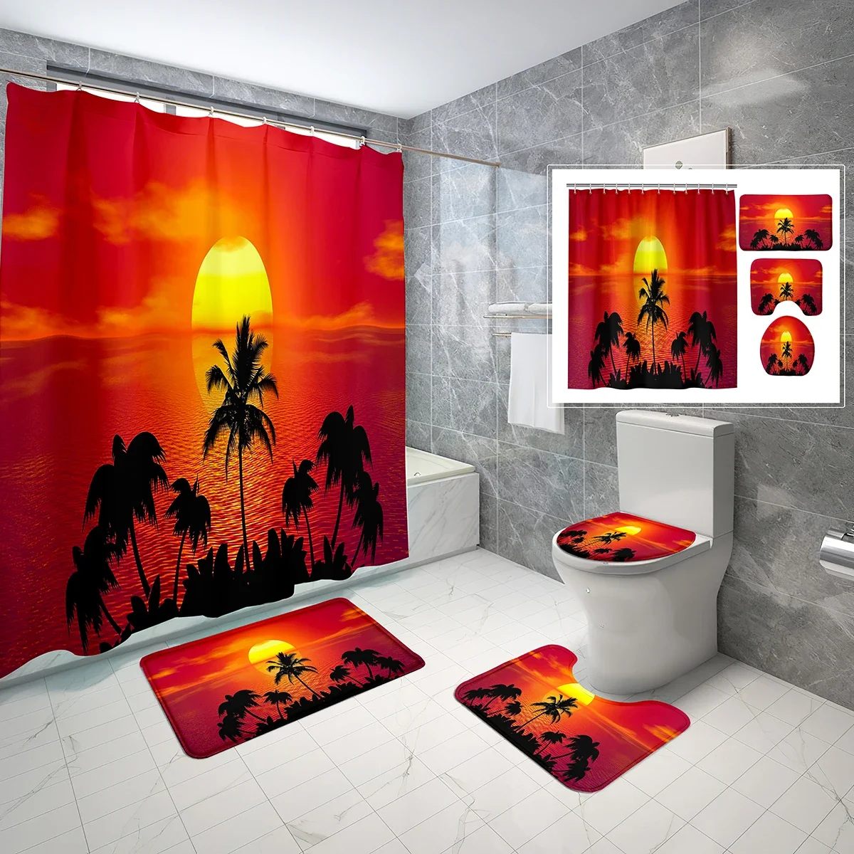 4 Piece Sun Shower Curtain Sets Big Golden Sun Sunset with Non-Slip Rugs Toilet Lid Cover and Waterproof Shower Curtain Set