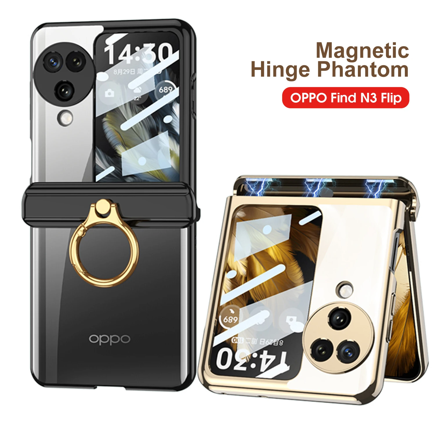 

Magnetic Hinge Ring Holder Case for Oppo Find N3 Flip Back Screen Glass Clear Plating Plastic Phone Cover Case