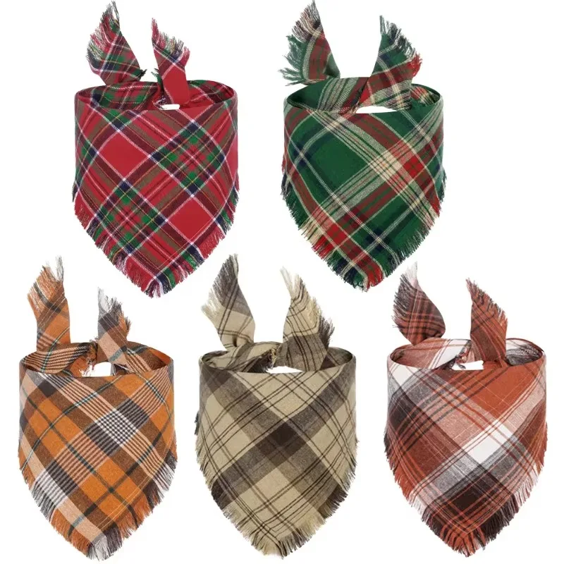 

10pcs Hot-Selling Plaid Pet Triangle Scarf Tassel Style Cotton Drool Towel New for Cross-Border Winter Accessory for Dogs