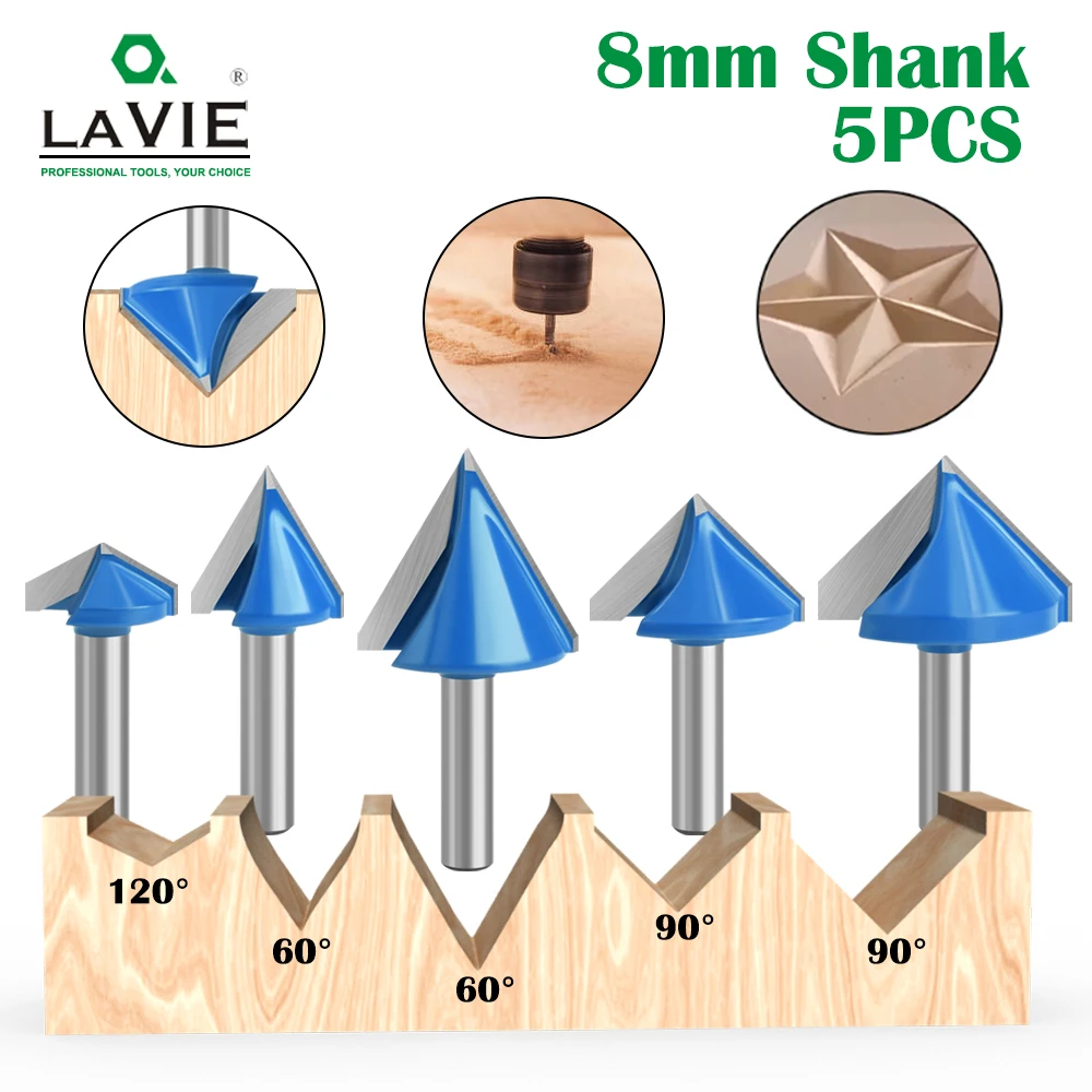 LAVIE 5pcs 8mm Shank 60 90 120 V Type Slotting Cutter Carving Grooving Tools router bit set Safety Milling Cutters