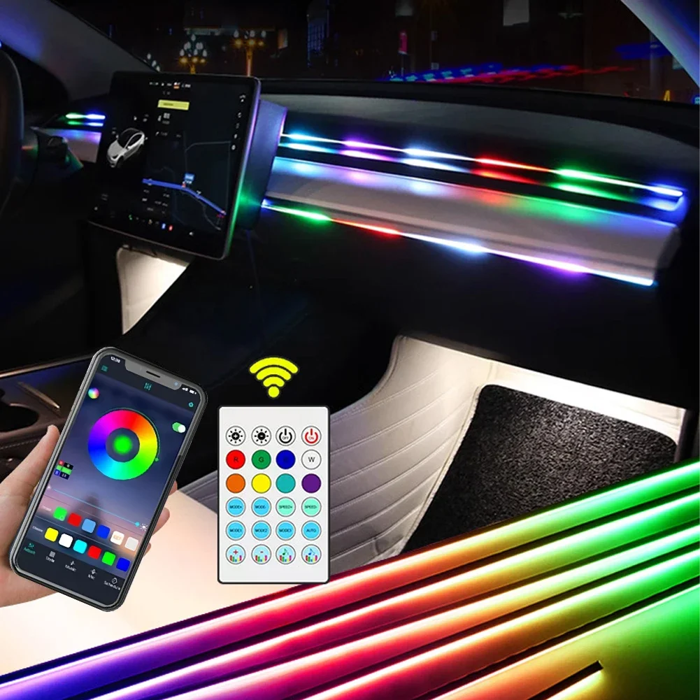 Car Ambient Lights 3in1 Universal LED Symphony RGB Atmosphere Lamp USB APP Remote for IOS Android for Tesla Model 3 Y S X