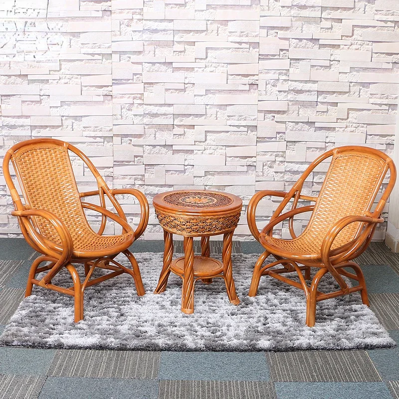 

Rattan Chair Three-Piece Real Rattan Woven Balcony Leisure Small Table and Chair Combined Tea Table Single Armchair Rattan Chair