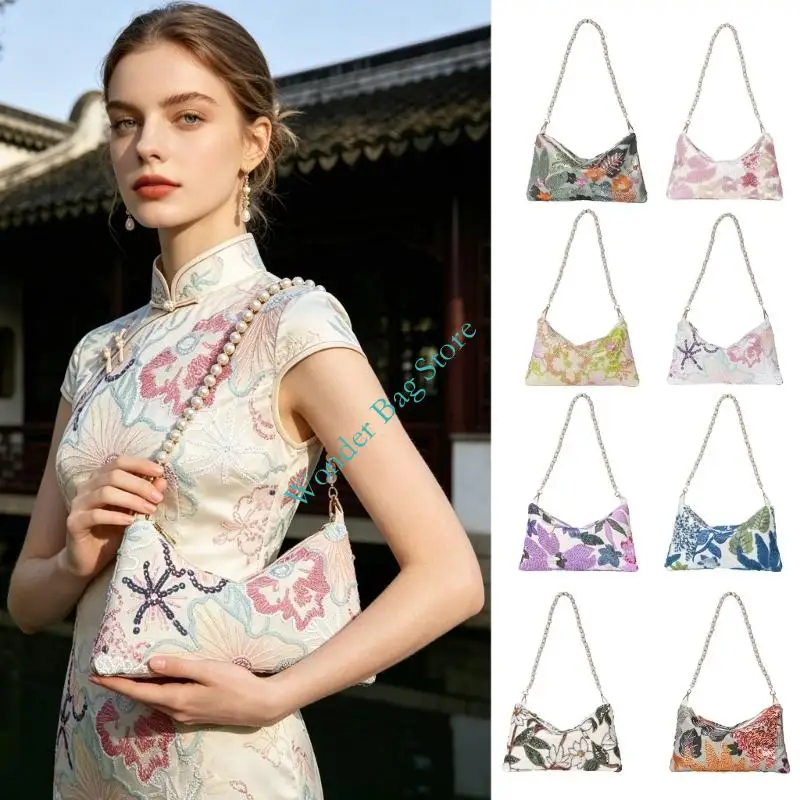 Elegant Chinese Embroidered Sequins Underarm Bag Cotton Linen Shoulder Bag Handbag For Women Fashion Accessories