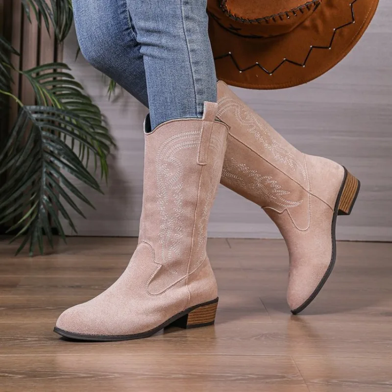 

Women Western Mid Calf Boots Embroidered Cowboy Footwear Suede Like Texture Pointed Toe Slip on Daily Outdoor Classic Booties