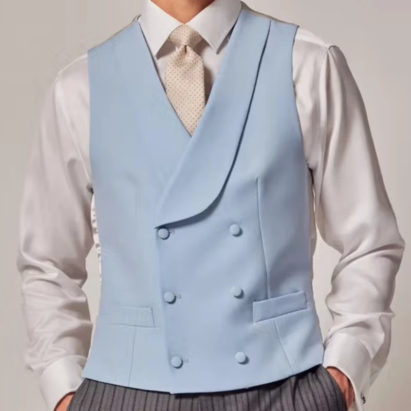 Men Vest Sky Blue Solid Color Double Button With Lapel Waistcoat For Wedding Groom Business Formal Banquet Work Men Suit Vest