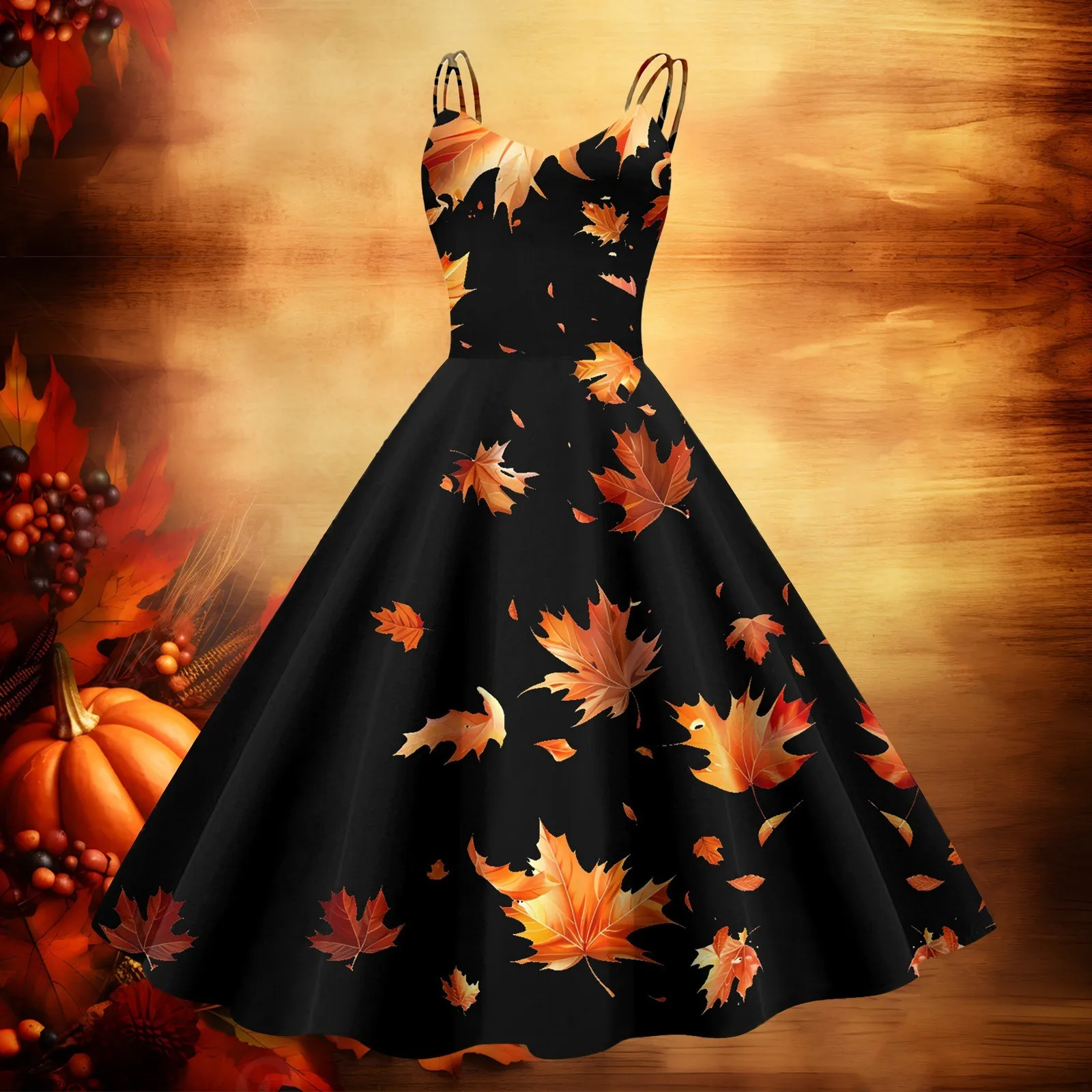 

Fashionable Thanksgiving Printed Strap Dress Women Zipper Casual Retro Long Dresses V Neck Large Swing Elegant Maxi Dress