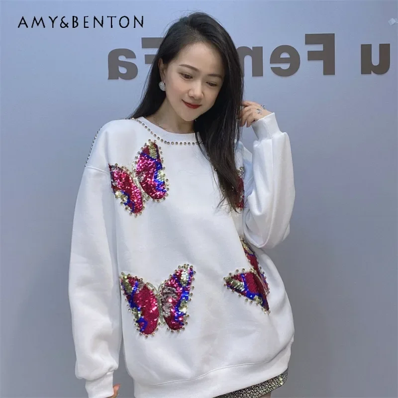 New Sequined Sweatshirt Long-sleeved Women's Clothing High-end Design Embroidered Fashion Style Crew Neck Top Y2k Winter Hoodies