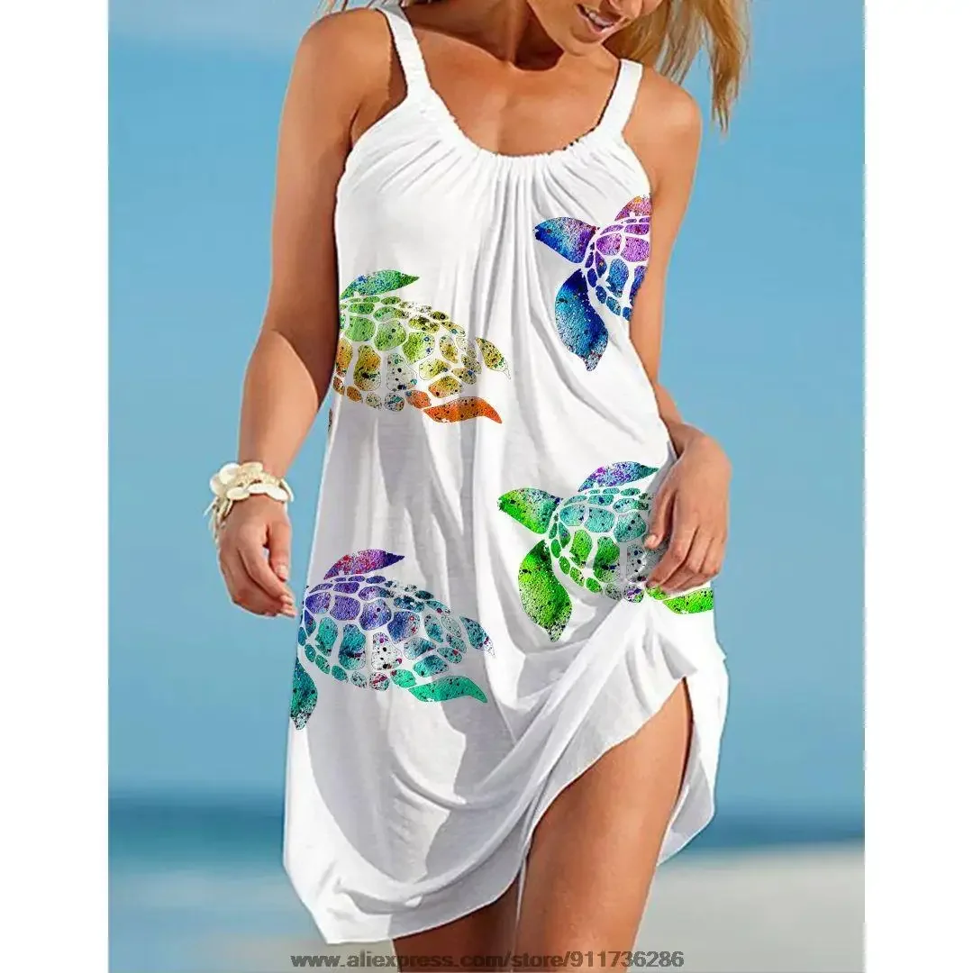 

2024 NEW Turtle Print Dress Beach Dress Summer Women Halter Belt Sleeveless Sexy