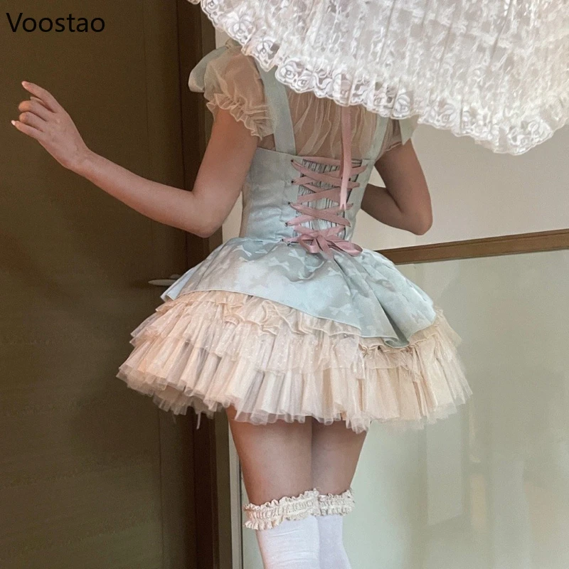 Süße Lolita Jsk Kleid Frauen Vintage Y2k Bogen Band Party Prinzessin Kleider japanische Mädchen Kawaii Ballett Stil Mesh Mini kleid