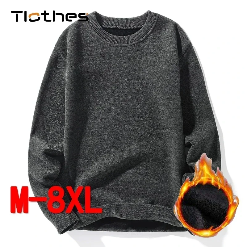 Solid Color Knitted Sweaters Men Clothes Fleece Warm Pullover Male Loose Sweater Brand Mens Winter Casual Knit Sweater 7XL 8XL