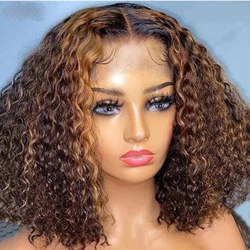 12 14 16inch Highlight Kinky Curly Syntnetic Hair Short Bob Wigs Blonde Natural Color Middle Part Wig For Black Women Daily Use