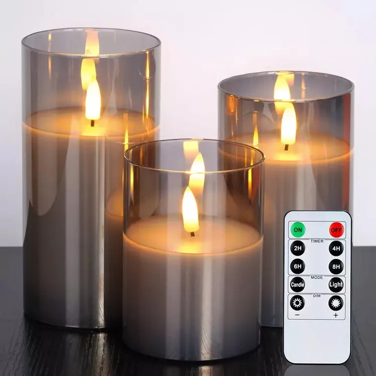 

3d real flame led candle battery operated remote control grey glass flameless electronic candles light