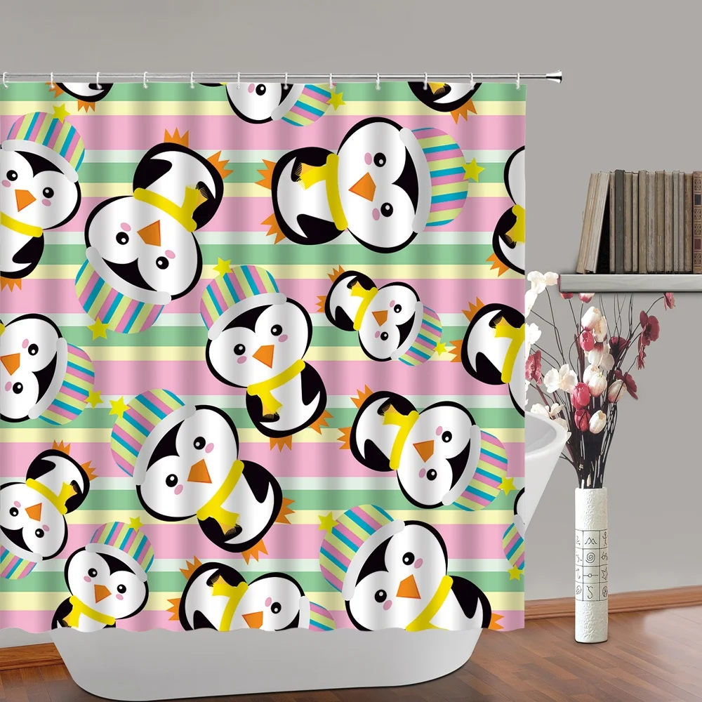 Cartoon Penguin Shower Curtain for Bathroom Decor Winter Snowflake Cute Animal Waterproof Washable Polyester Cloth Bath Curtains