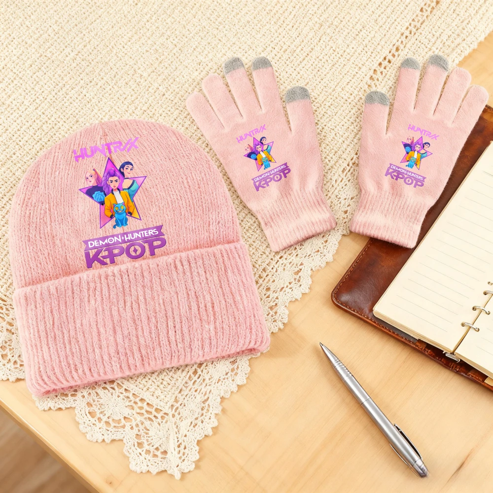2 Pcs Kpop Demon Hunters Gloves Knitted Hat Suit for Girls Letter Printed Knit Hats Mittens Set Children Winter Warm Accessories