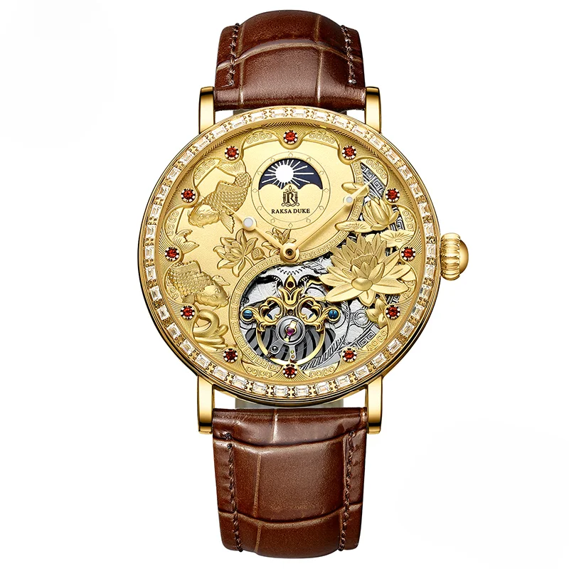 

Luxury Skeleton Mechanical Watches for Men Tourbillon Moonphase Automatic Men's Watch Man W/ Diamond Gold Montre Homme Relogio