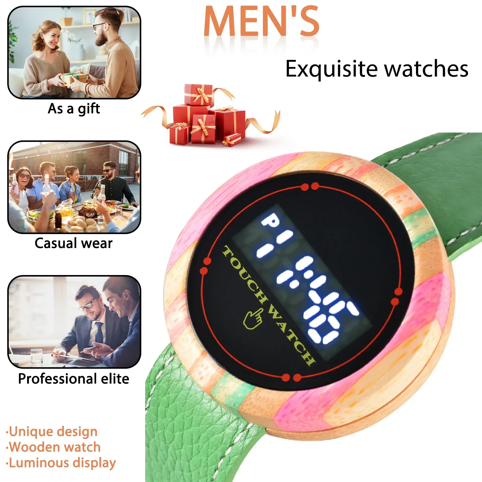 

KityKiss Wooden Electronic Watch Men and Women Touch Wooden Watch Casual Couple Wooden Watch Anniversary Graduation Gift