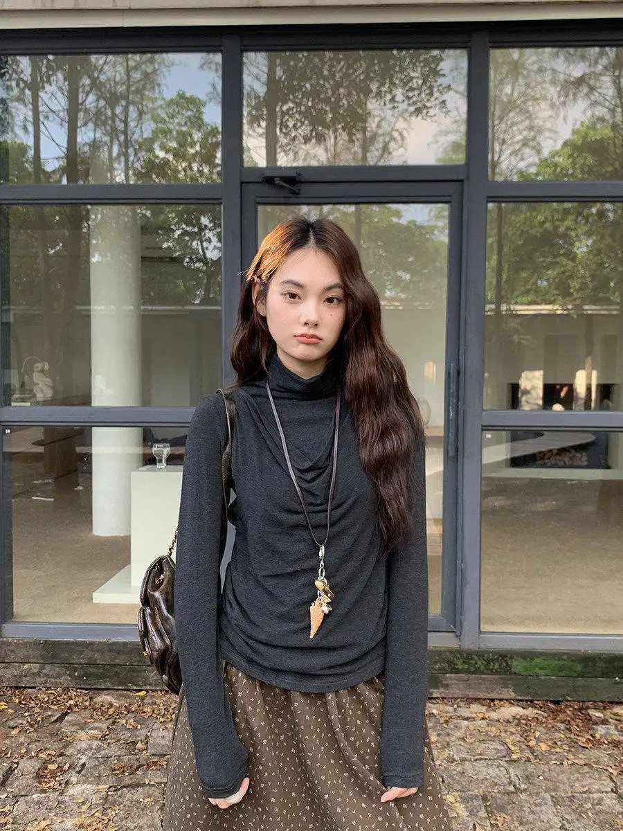 

ey ter Ne Fake Two-Piece Top Women's Autumn New Sle Ele Base irt T-irt Lin Yunyun Casual Cotton Long Sve ...