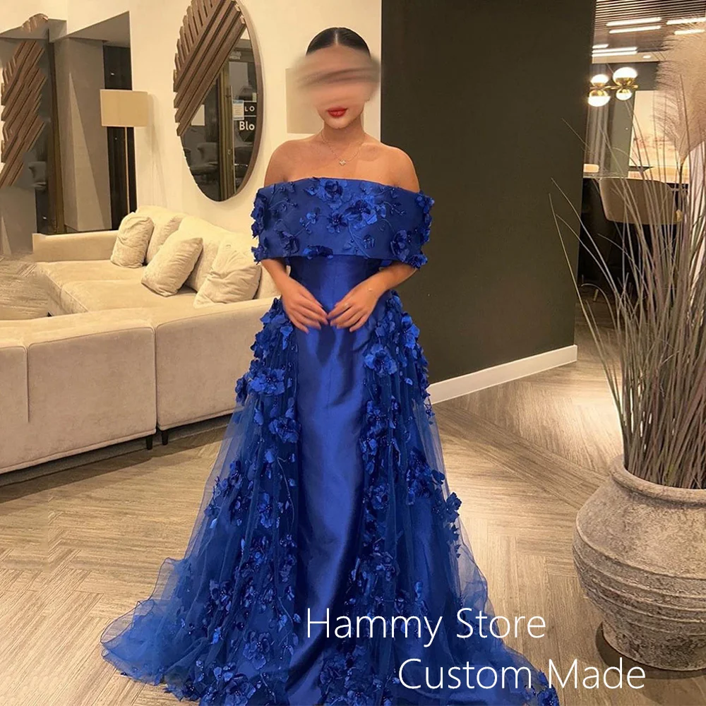 Royal Blue Evening Dress Customized Boat Neck Off The Shoulder Pearls Flower A Line Saudi Arabian Prom Dresses Party Gown