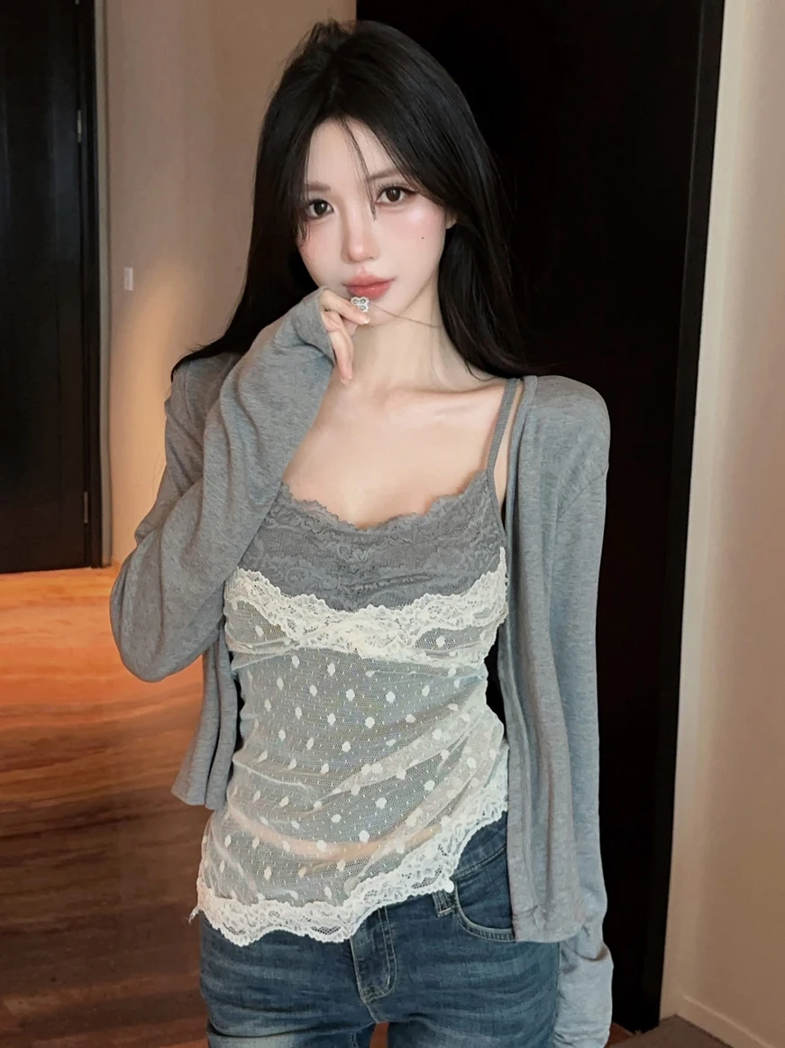 Pure Desire Spicy Girl with Chest Pad Lace  Polka Dot Two Piece Strap Vest Women's Autumn Long Sleeve Open Cardigan Set