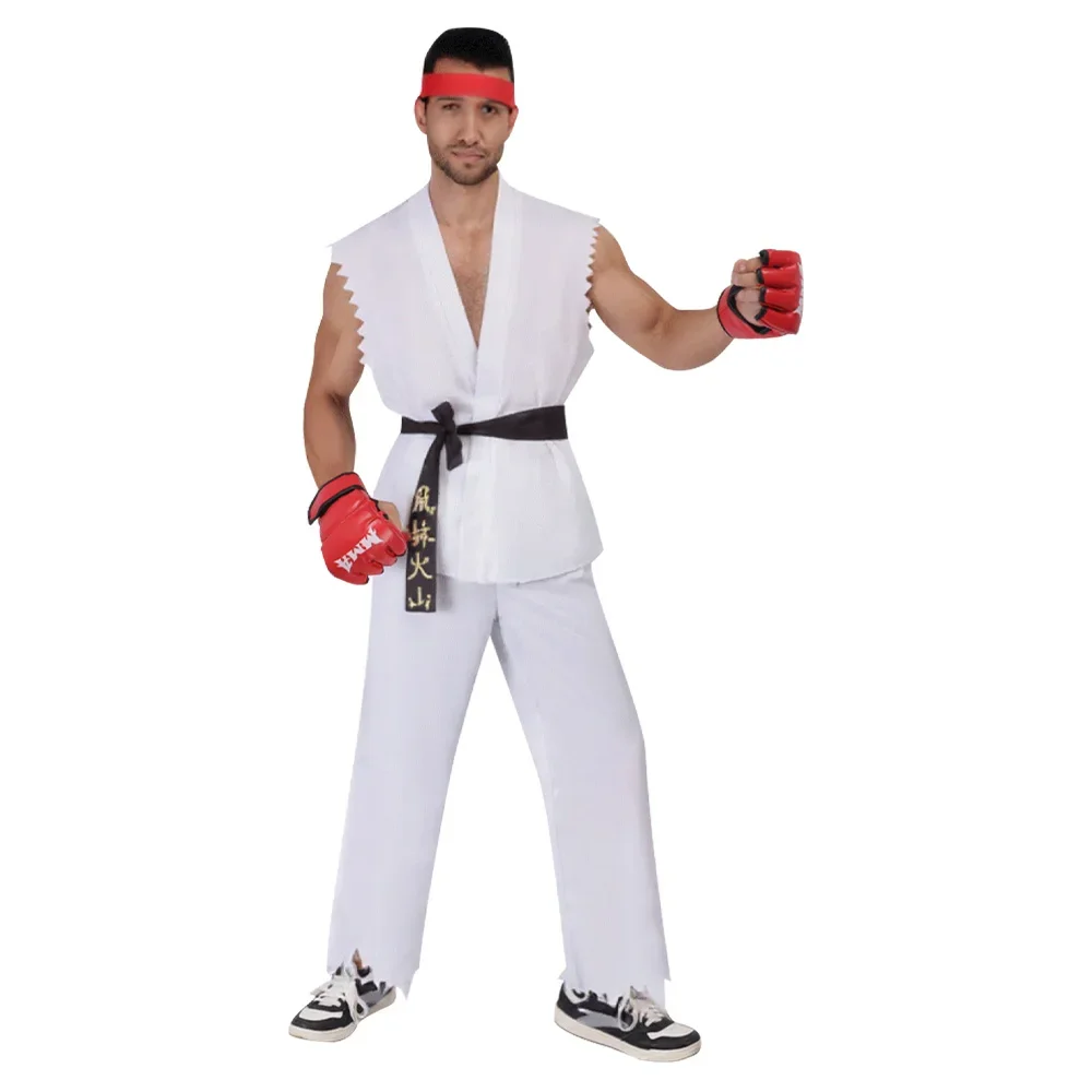 Men White Red Martial Arts Uniform With Belt Ryu Ken Cosplay Costume Street Fighter Inspired Outfit For Halloween Masquerade Fan view 3