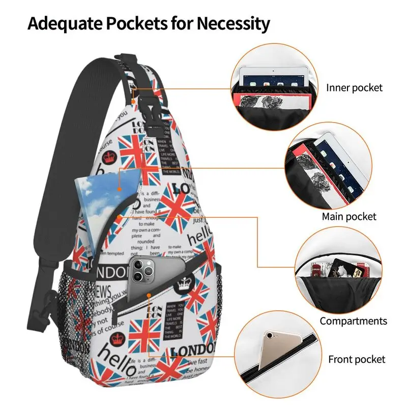 Saco de peito personalizado Sling para homens, Impressão da bandeira do Reino Unido, Reino Unido Londres, Símbolo britânico, Mochila Crossbody, Mochila de viagem