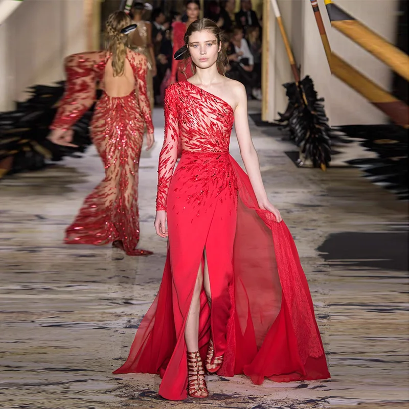 

L332 Новые Elie Saab Red One Shoulder Long Sleeves расшитые бисером Mermaid فساتين السهرة vestidos de fiesta فساتين سهره вечерние платья