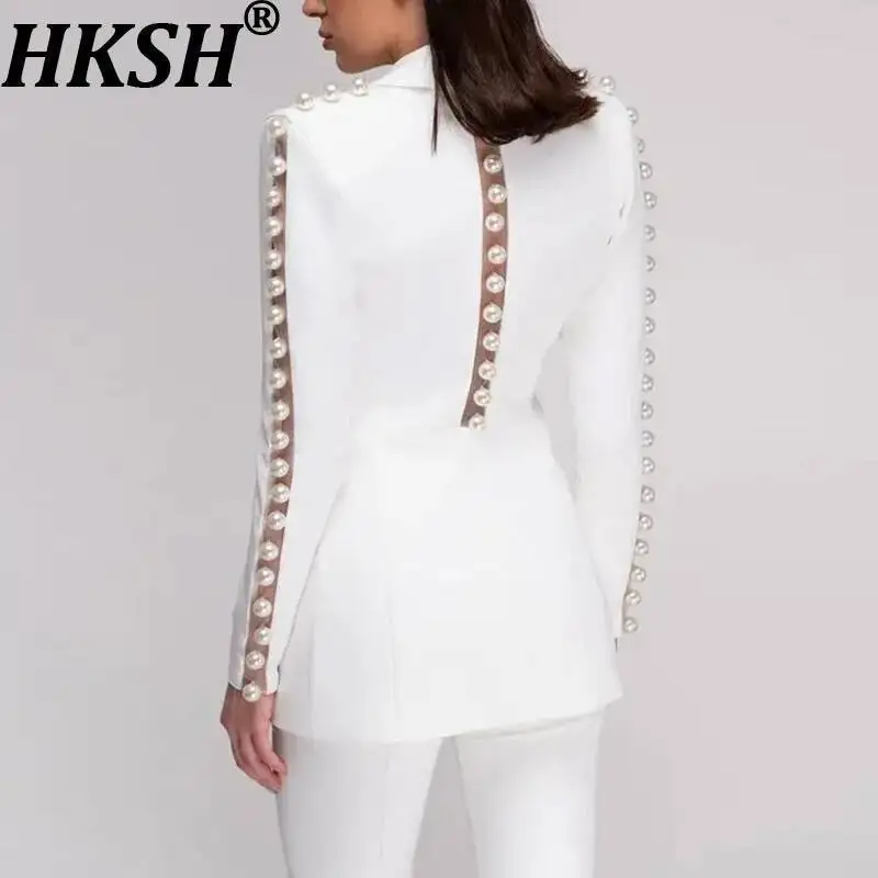 HKSH Women Two-piece Set Fashion Heavy Pearl Embroidered Flares Mesh Patchwork Blazer Trendy Casual Flare Pants Suit New HK23865