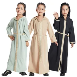 Girls Hooded Open Abaya Spring Summer Black Djellaba Casual Hooded Dress Muslim Kids Islamic Ramadan Arabic Kimono Caftan Gowns