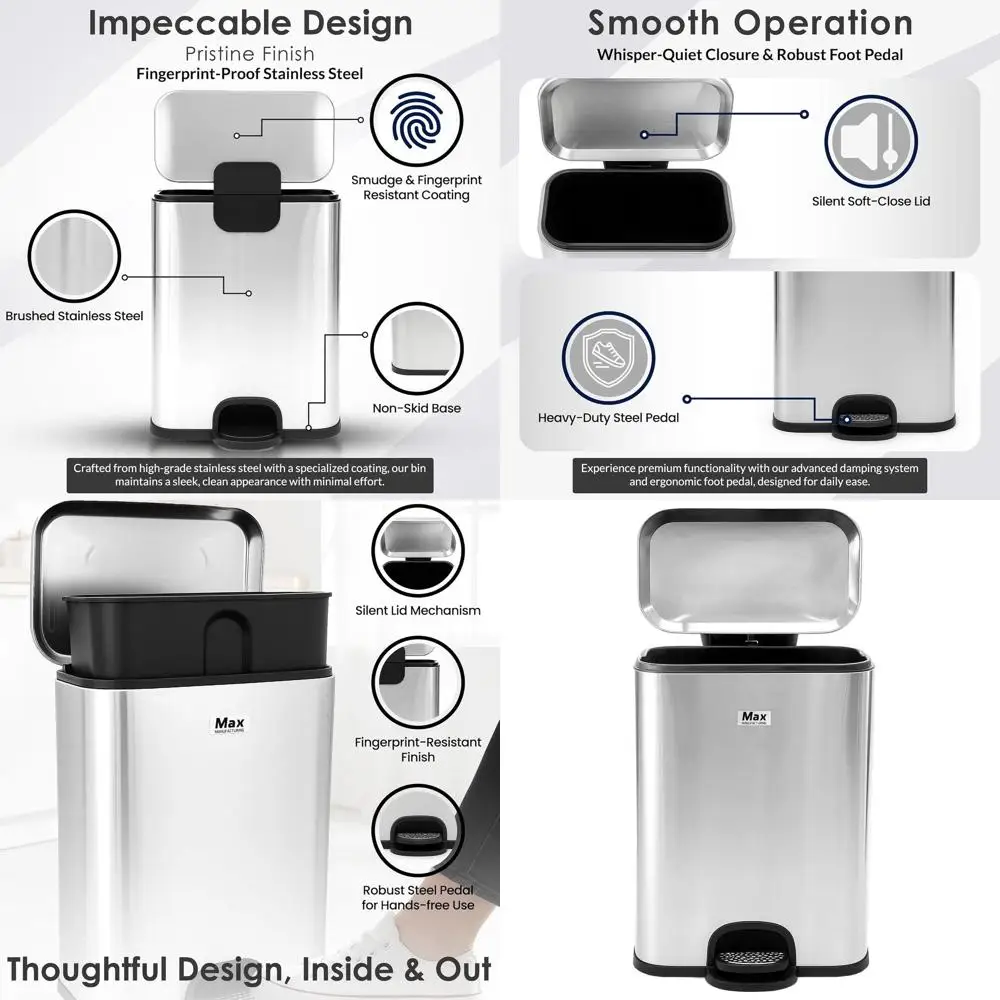 

Stainless Steel Rectangular Trash Can, 50L, Soft-Close Pedal, Smudge-Resistant, Suitable for Kitchen, Bathroom, Office