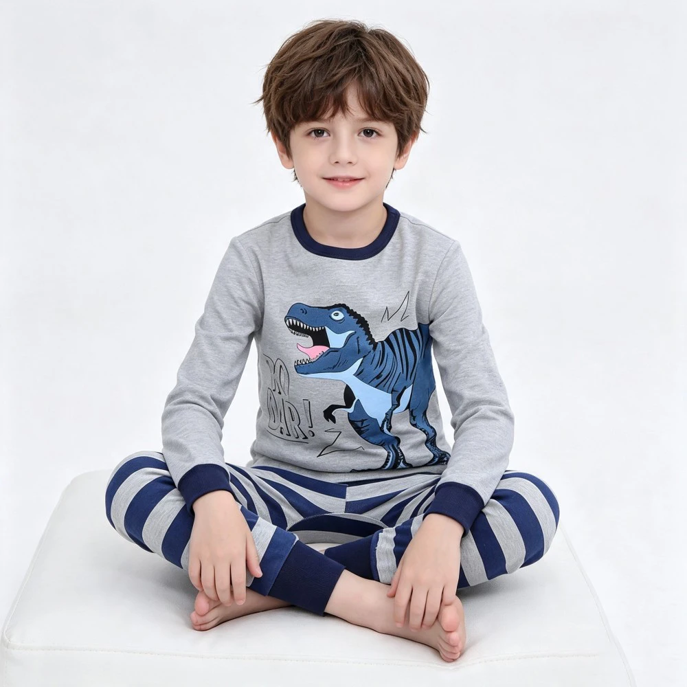 Boys Girls Cotton Pajamas Set Long Sleeve Dinosaur Cat Astronaut Print Sleepwear Children Casual Homewear Nightwear Loungewear