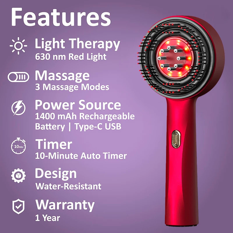 Electric Vibration Massage Comb 3 Modes Red Light Therapy Hair Growth Massage Scalp Brush Oil Liquid Applicator Head Massager