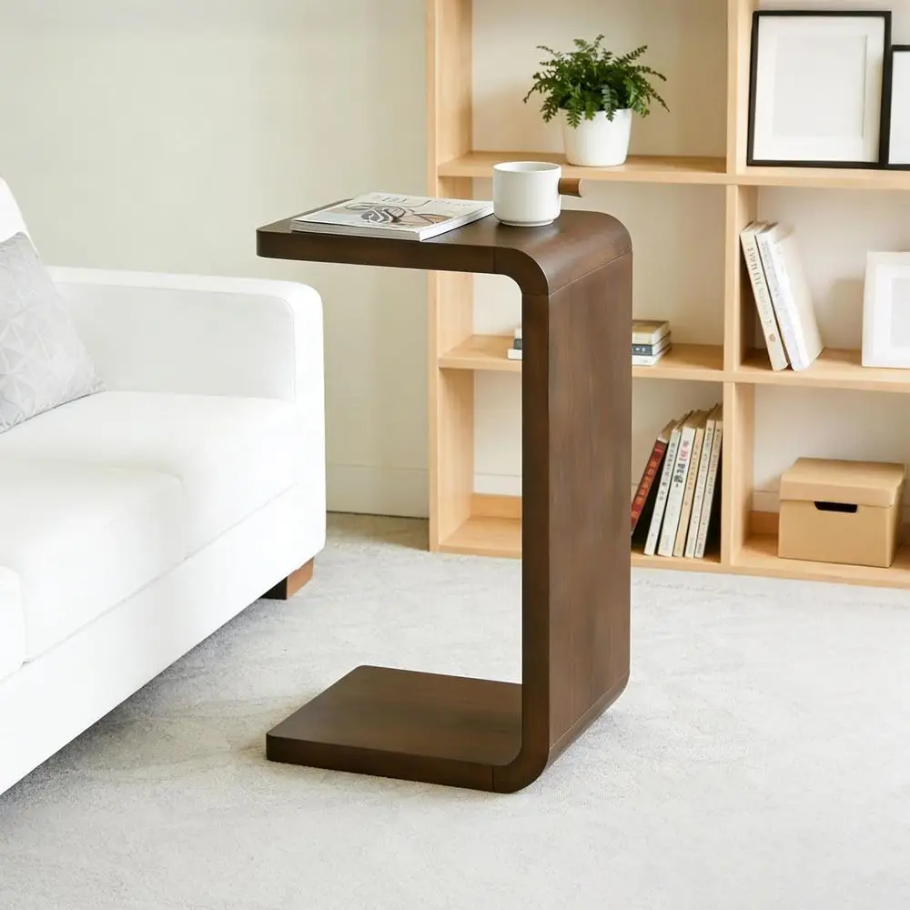 

Приставной столик в форме буквы С, маленький деревянный узкий столик для дивана, деревенский столик-С для гостиной, офиса, спальни (орех)