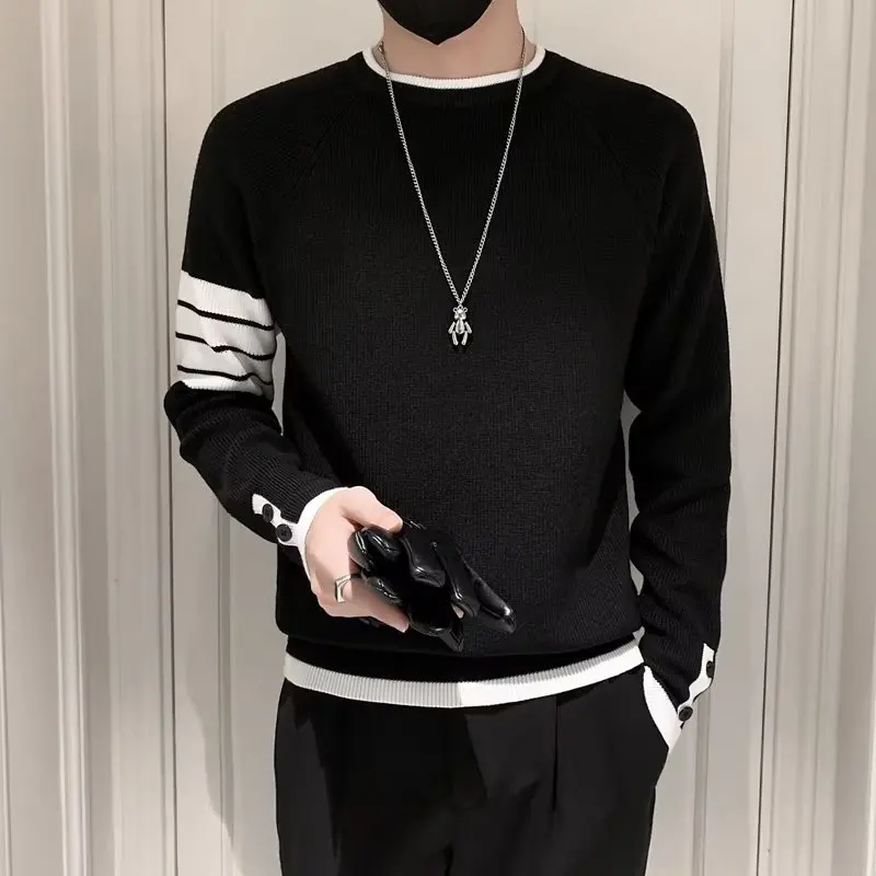 

Man Clothes No Hoodie Knitted Sweaters for Men Green Striped Pullovers Casual Cotton Thick Winter 2024 Trend X Sweatshirts A Fun
