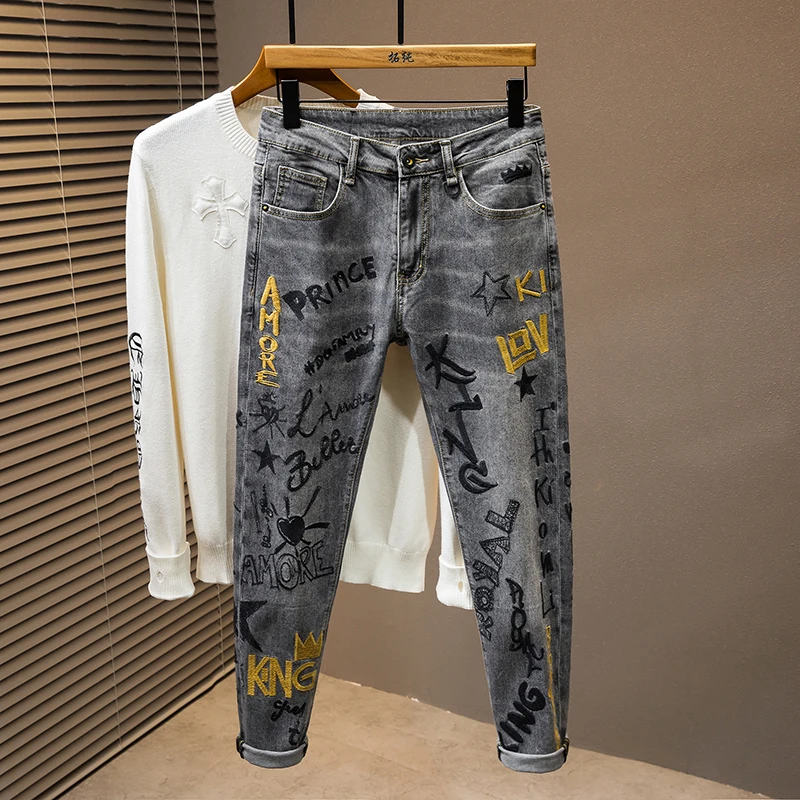 Light luxury high-end fashion tide brand men\'s jeans Slim straight heavy personalized letters embroidery leisure fashion pants