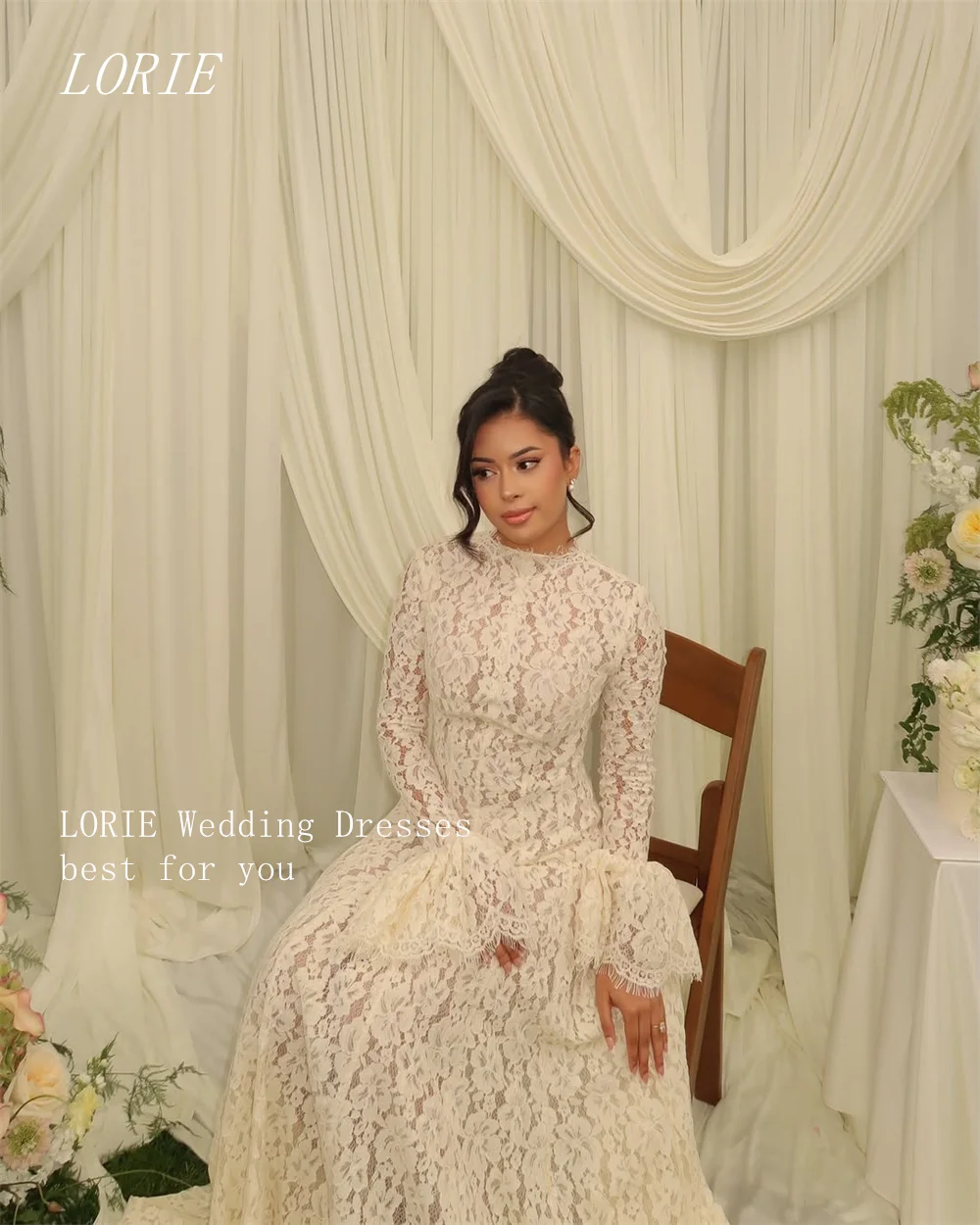 

LORIE Luxury Flowers Lace A Line Civil Wedding Dress Scoop Bridal Dresses Full Sleeve Engagement Wedding Gown Customized 2026