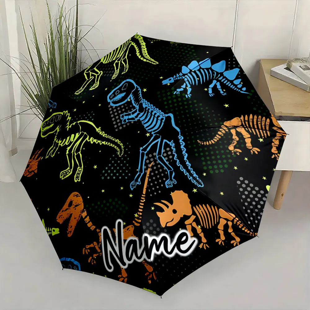 Custom Name  Dinosaur Skeleton Design Kids Umbrella Print 8 Iron Ribs Folding Umbrella Auto-Open Fashion Sunshade