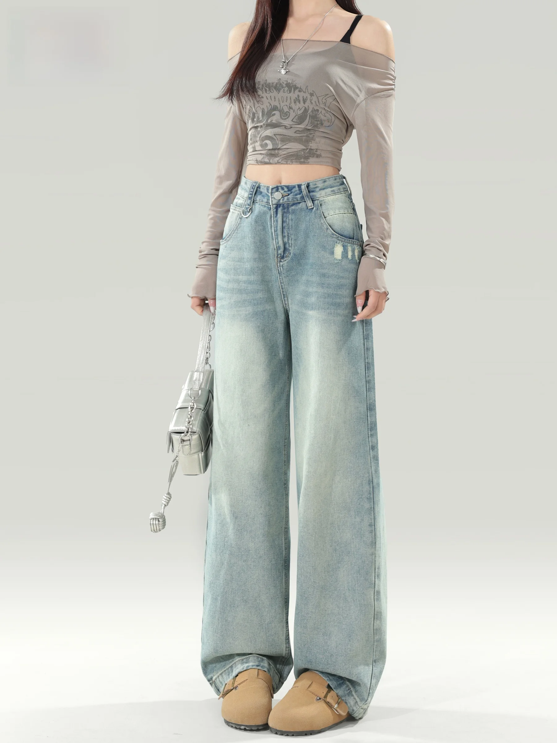 

American High Waist Wide Leg Jeans Women's Loose Slimming Design Worn out Straight Leg Pants Spring New Style Casual Wear